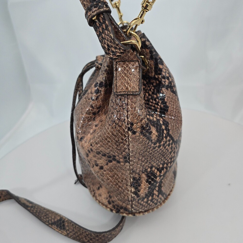 ANN TAYLOR Brown Snakeskin Leather Drawstring Shoulder/Crossbody Bucket Bag - Picture 5 of 16